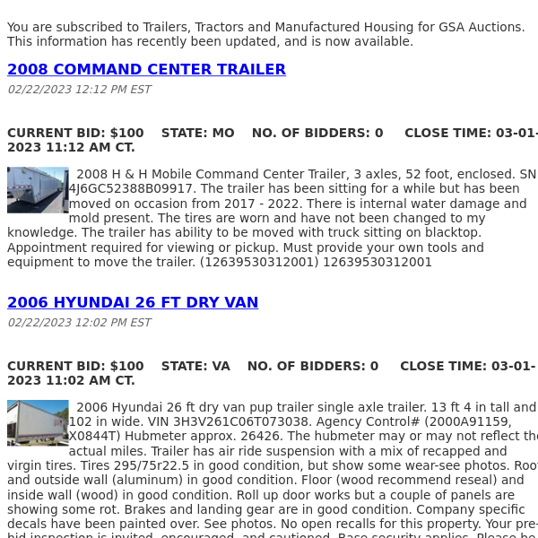 GSA Auctions Trailers, Tractors and Manufactured Housing Update