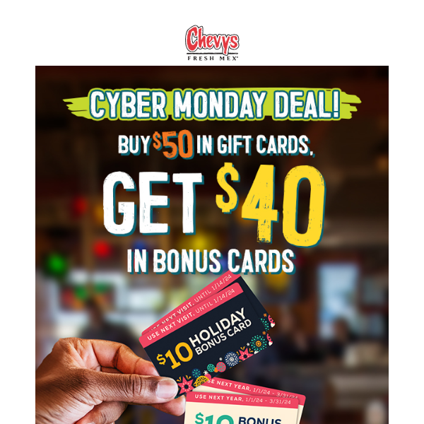 Cyber Monday Deal! Last Chance to Buy $50 in Gift Cards & Get $40 in Bonus Cards!