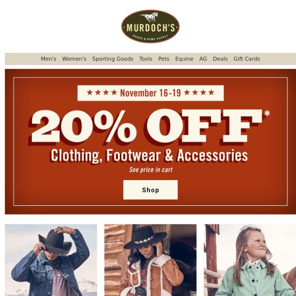 November Savings 🍂 20% OFF Clothing, Footwear & Accessories