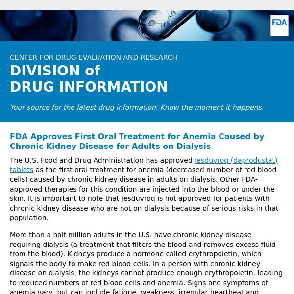 FDA Approves First Oral Treatment for Anemia Caused by Chronic Kidney Disease for Adults on Dialysis - Drug Information Update