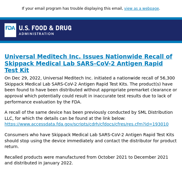 Universal Meditech Inc. Issues Nationwide Recall of Skippack Medical Lab SARS-CoV-2 Antigen Rapid Test Kit