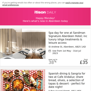 Sandman Signature spa day; Café Andaluz Aberdeen; Radisson Red getaway, Glasgow; Barbelow cocktails, and 8 other deals