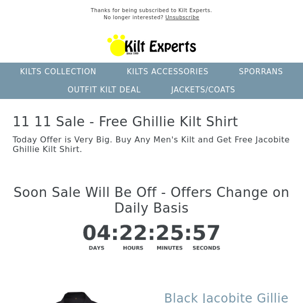 11 11 Sale - Get Free Kilt Shirt