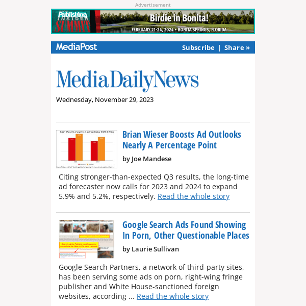 MediaDailyNews: Wieser Boosts '23, '24 Outlooks Nearly A % Point...Google Ads Found In Porn, Etc.