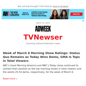 Week of March 6 Morning Show Ratings: Status Quo Remains as Today Wins Demo, GMA Is Tops in Total Viewers