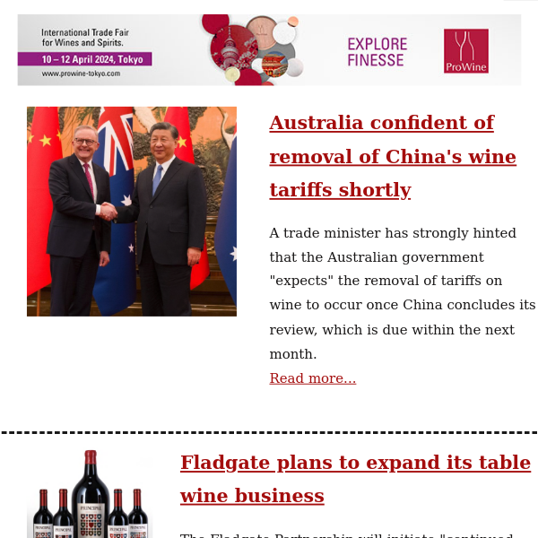 Australia confident China's wine tariffs will end soon / Fladgate to expand table wines / Will dry Tokaji be the next big thing?