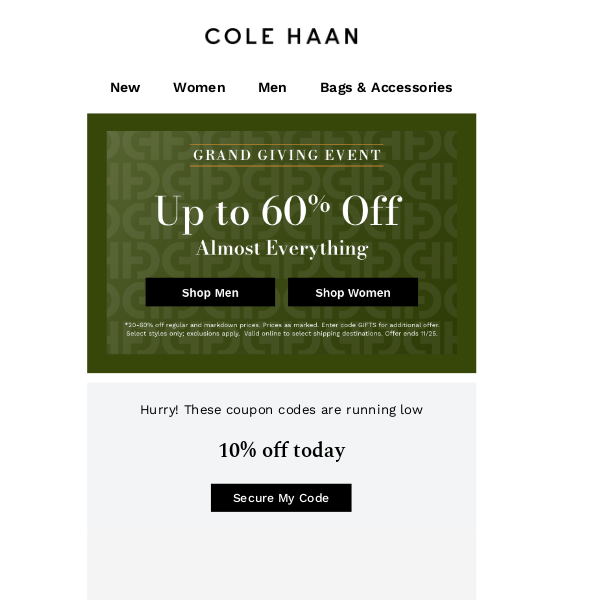 Cole haan 2025 discount coupon code