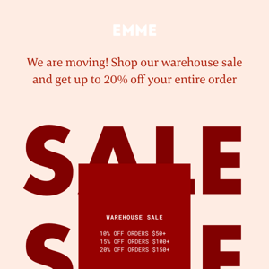 WAREHOUSE SALE - up to 20% off everything 😱