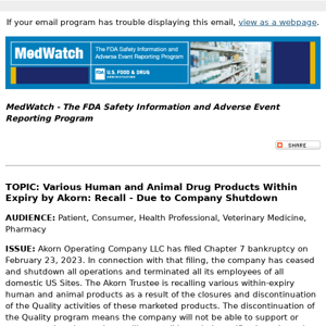 FDA MedWatch - Various Human and Animal Drug Products Within Expiry by Akorn