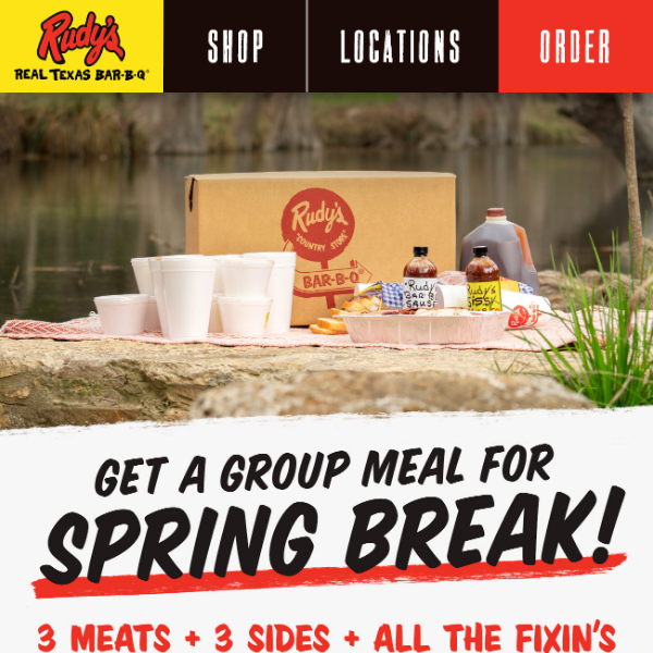 Feed the whole crew this spring break with a Rudy's Group Meal 🤠
