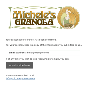 Michele's Granola Subscription Confirmed