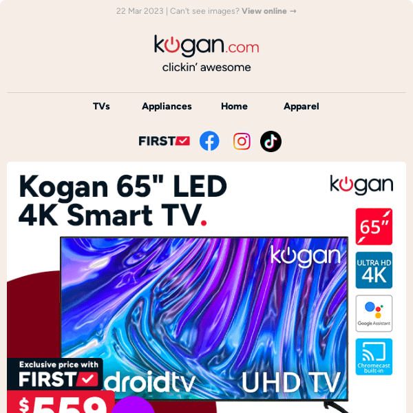 📺 Kogan 65" 4K Smart TV only $559 (SRP: $999.99) - Pre-order now & get yours first!