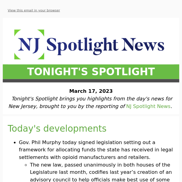 Murphy signs opioid settlement law: Tonight's Spotlight