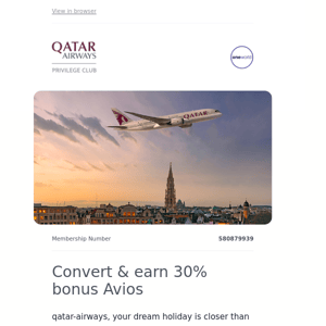 Qatar Airways , collect 30% bonus Avios & you could win 100,000 more