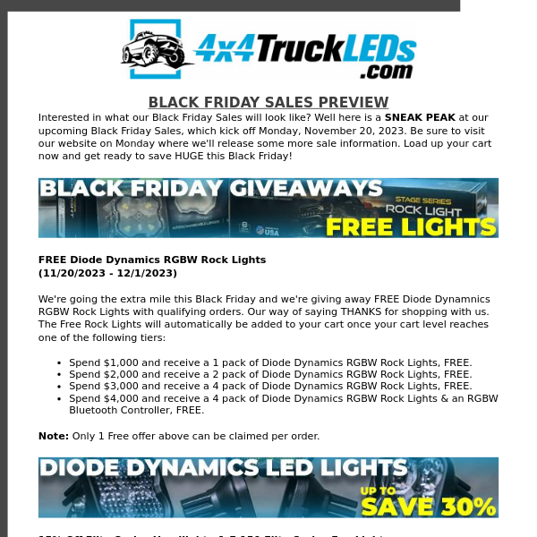 Sneak Peak at 4x4TruckLEDs.com BLACK FRIDAY Sales!