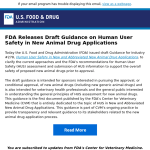 FDA Releases Draft Guidance on Human User Safety in New Animal Drug Applications