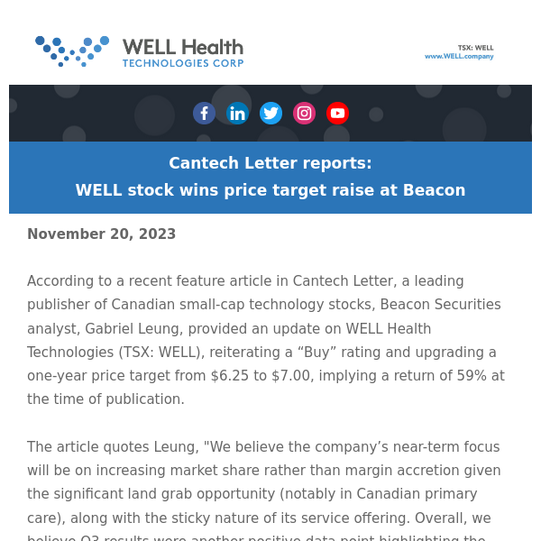 Cantech Letter reports: WELL stock wins price target raise at Beacon
