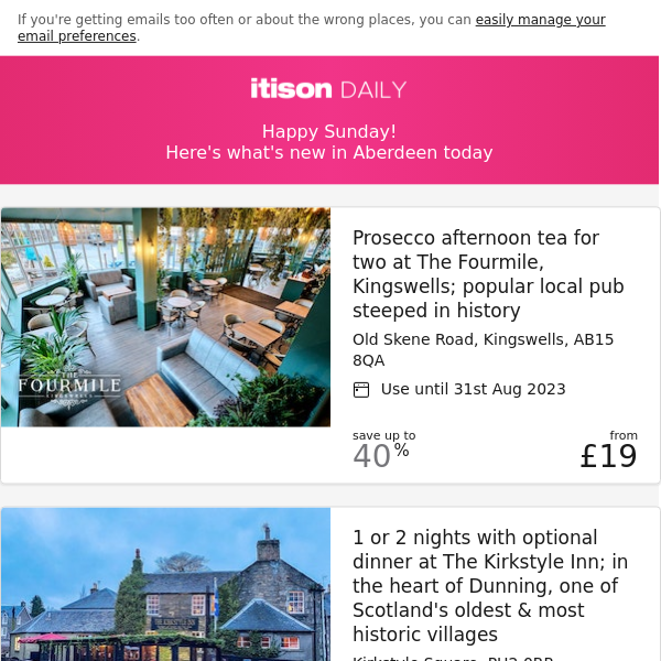 The Fourmile Prosecco afternoon tea; The Kirkstyle Inn getaway; The Fife Arms voucher spend; Aviemore getaway, and 8 other deals