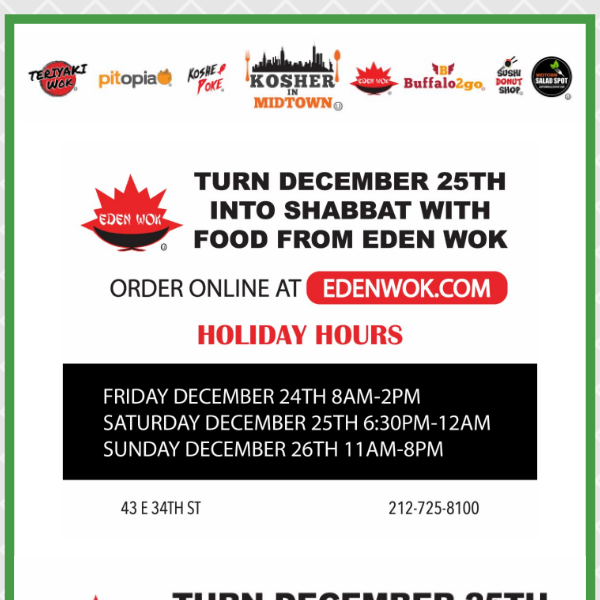 Special Holiday Hours At Eden Wok!! Order Early!!