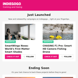 Coming and Going on Indiegogo: CHASING F1 Pro, GoChess, Space Acacia, and more