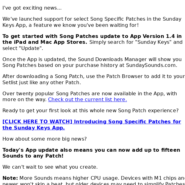 Song Patches in Sunday Keys App