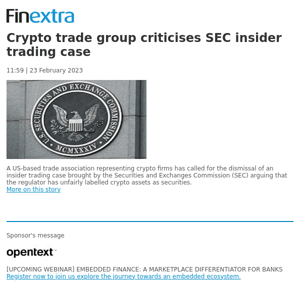 Finextra News Flash: Crypto trade group criticises SEC insider trading case