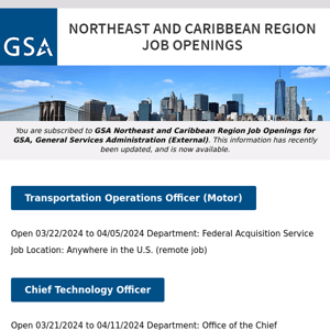 New/Current Job Opportunities in the GSA Northeast & Caribbean Region