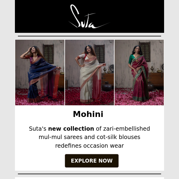 Introducing Suta's Stunning Zari-Embellished Mul-Mul Sarees and Cot-Silk Blouses!