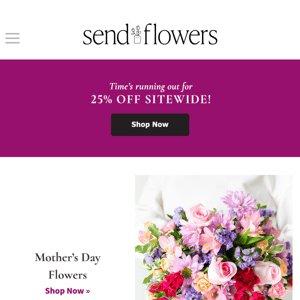 Last Chance for 25% off Mother's Day Flowers!