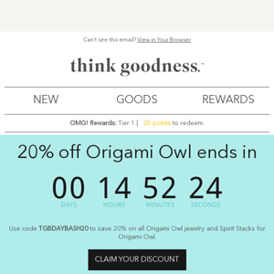 Last day to save 20% on ALL Origami Owl jewelry!