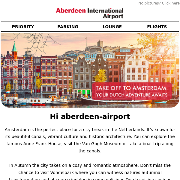 Take off to Amsterdam: your Dutch adventure awaits Aberdeen Airport 🍂