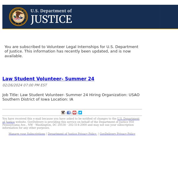 U.S. Department of Justice Volunteer Legal Internships Update