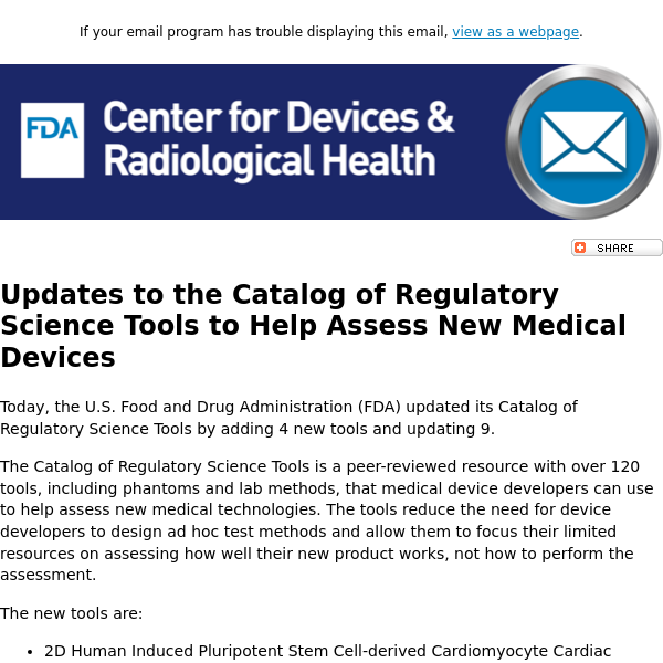 Updates to the Catalog of Regulatory Science Tools to Help Assess New  Medical Devices - US FDA