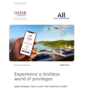 Qatar Airways , benefit from a bonus on your next flight or hotel stay