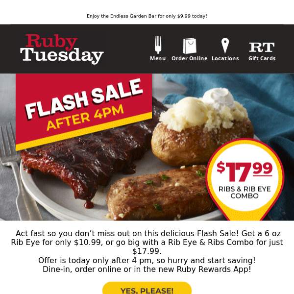 Act Fast: $10.99 6oz Rib Eye or $17.99 Rib Eye & Ribs Combo