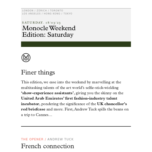The Monocle Weekend Edition – Saturday 18 March 2023