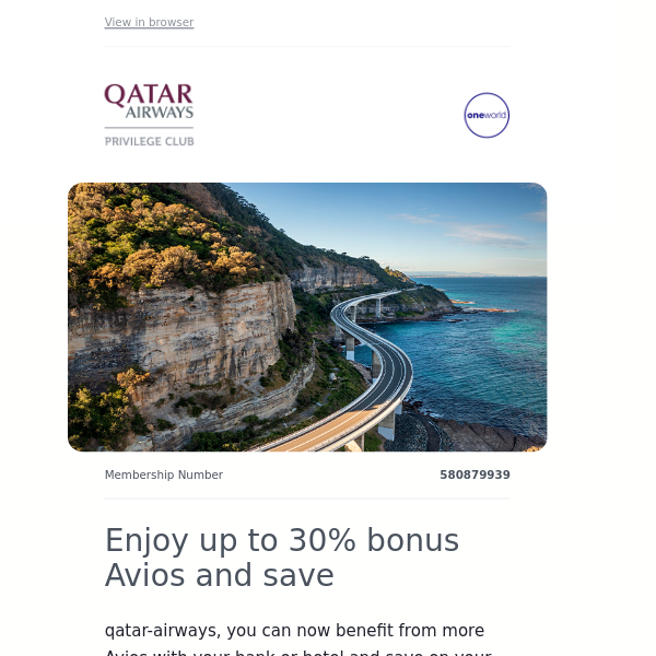 Qatar Airways , enjoy up to 30% bonus Avios and incredible savings
