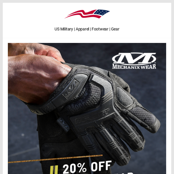 20% off Mechanix Wear Gloves! Glove up and save big.