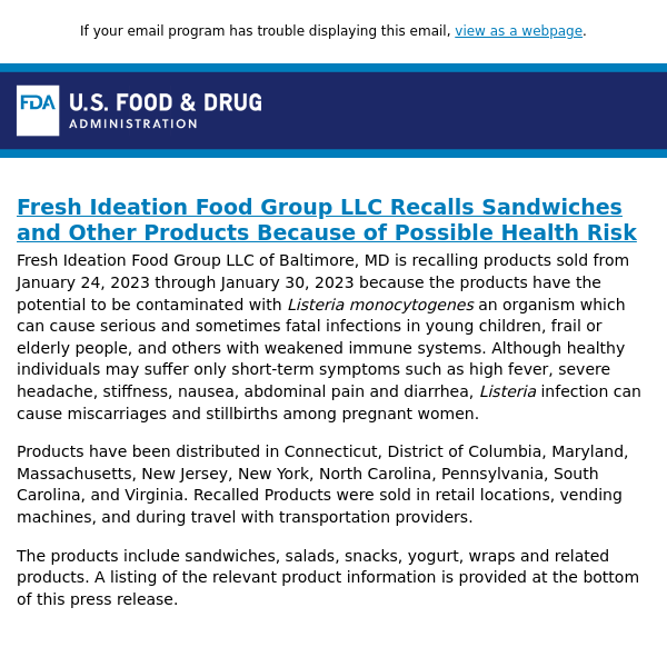 Fresh Ideation Food Group LLC Recalls Sandwiches and Other Products Because of Possible Health Risk