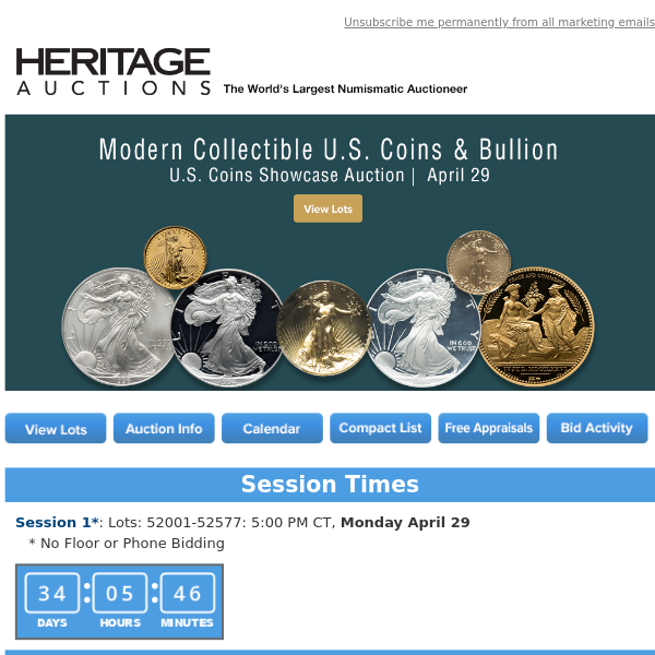 Bid Now: April 29 Modern Collectible US Coins & Bullion US Coins Showcase Auction