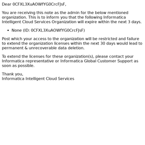 Informatica Intelligent Cloud Services organization expiry notice