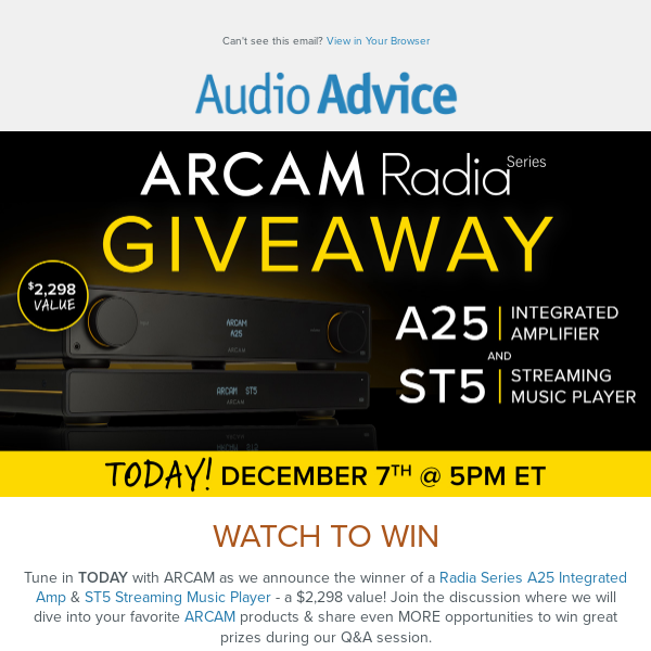 👀Watch & Win! Live w/ ARCAM TODAY @ 5pm ET 🏆