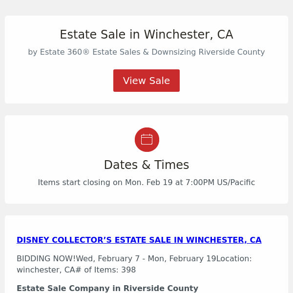 Estate Sale in Winchester, CA