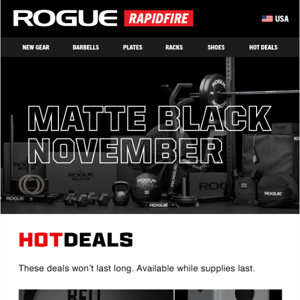 Matte Black November Hot Deals: Rogue RM-6 Monster Rack 2.0, Rogue Curl Bar, Rogue Velocidor & More!