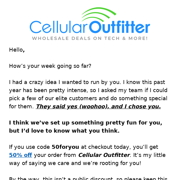 Exclusive 50% Off Just For You at Cellular Outfitter! 🎉