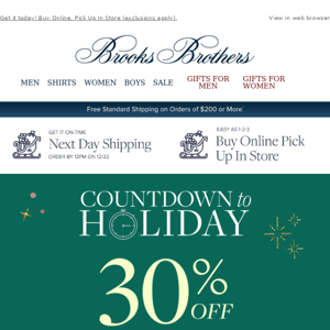 Countdown to Holiday = 30% off your last-minute gifts