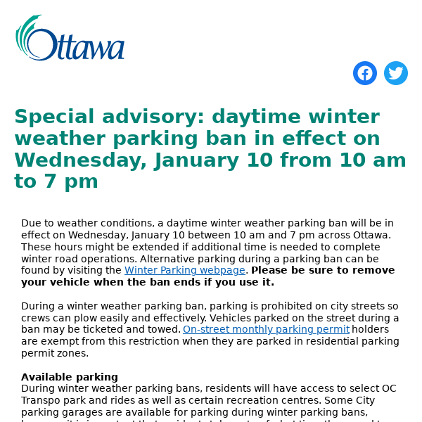 Special advisory: daytime winter weather parking ban in effect on Wednesday, January 10 from 10 am to 7 pm