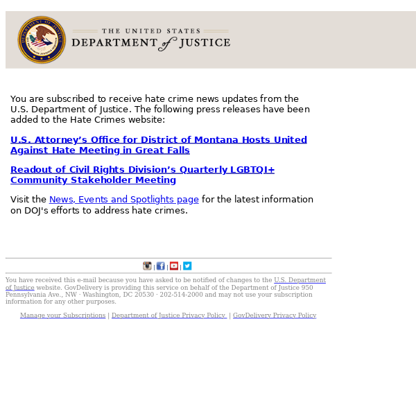 U.S. Department of Justice Hate Crime News Update