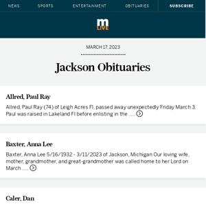 Today's Jackson obituaries for March 17, 2023