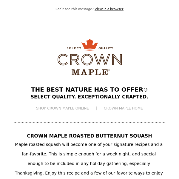 Crown Maple Roasted Squash Recipes; SAVE 20% Promo with FREE shipping over $75